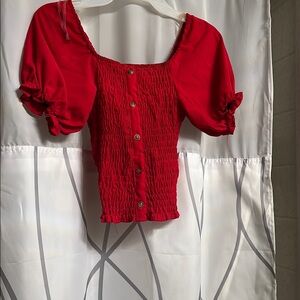 Red Smocked Puff Sleeve Top